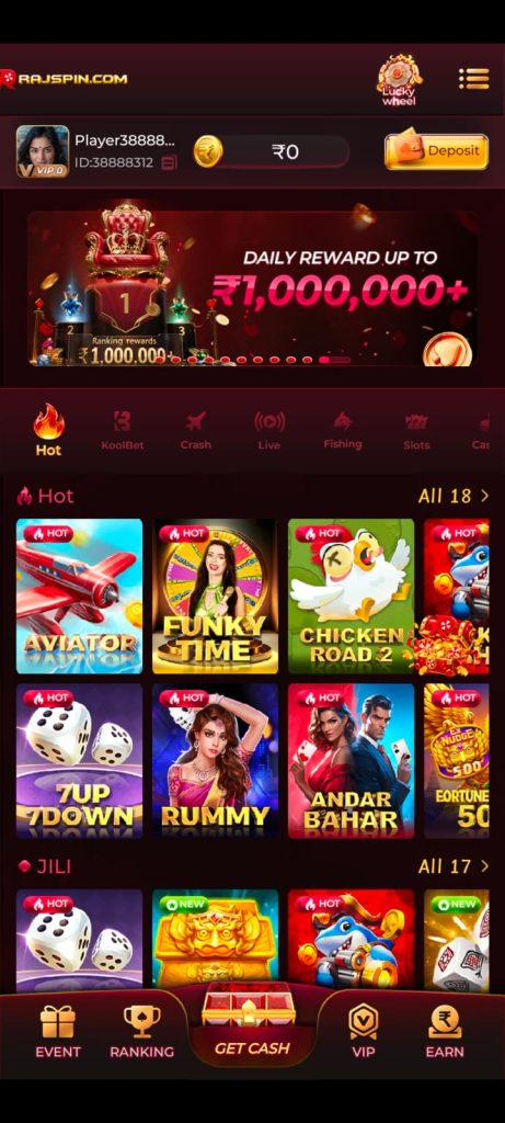 Rajspin home screen showing hot games like Aviator, Funky Time, and Chicken Road 2