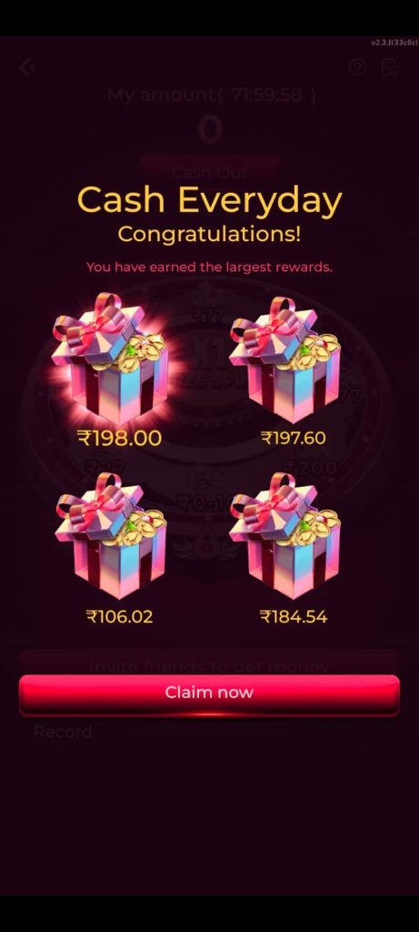 Cash Everyday reward screen showing claimable gift box amounts